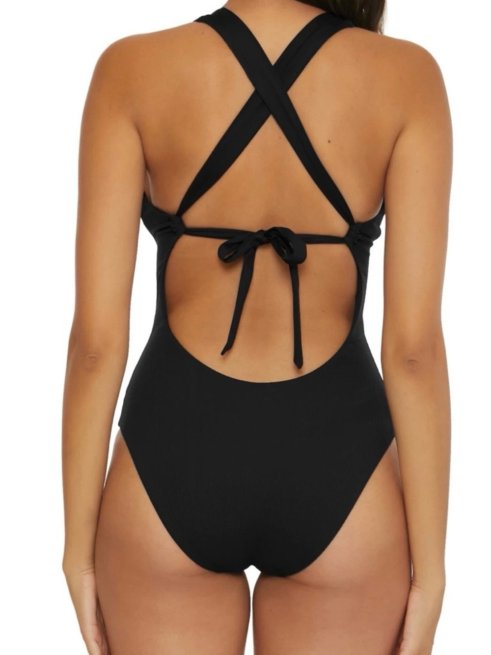 NWOT BECCA Modern Edge Ribbed Grommet One Piece Lace-Up Plunge Swimsuit Size Sm - Picture 2 of 12